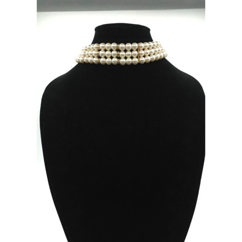 Elegant Multi Strand Cream Pearl Choker Necklace With Rhinestone Spacers - Picture 2 of 6